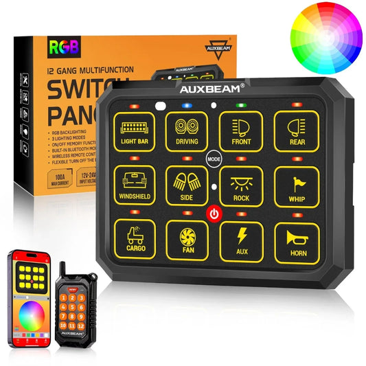 AUXBEAM Panel de interruptores RGB de 12 vías serie AC (AC-1200) con aplicación y control remoto; compatible con modos de conmutación de palanca, momentánea y por pulsos (salida unilateral).