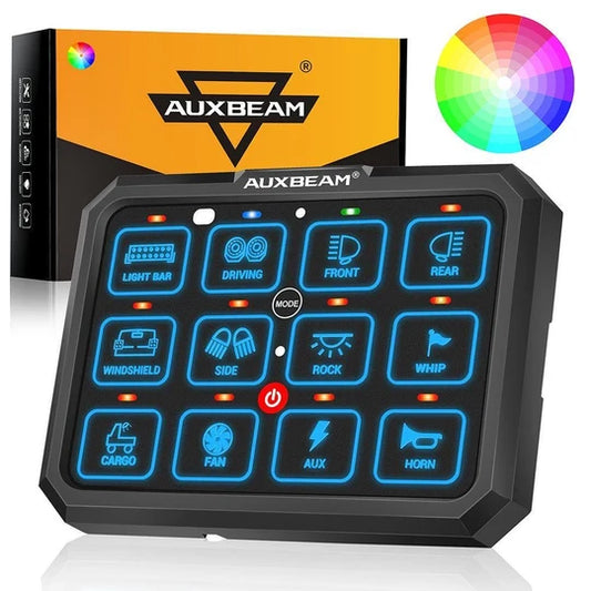 AUXBEAM Panel de interruptores RGB de 12 vías (RB120) de la serie RGB; compatible con modos de palanca, momentáneo y por pulsos (salida de doble cara).