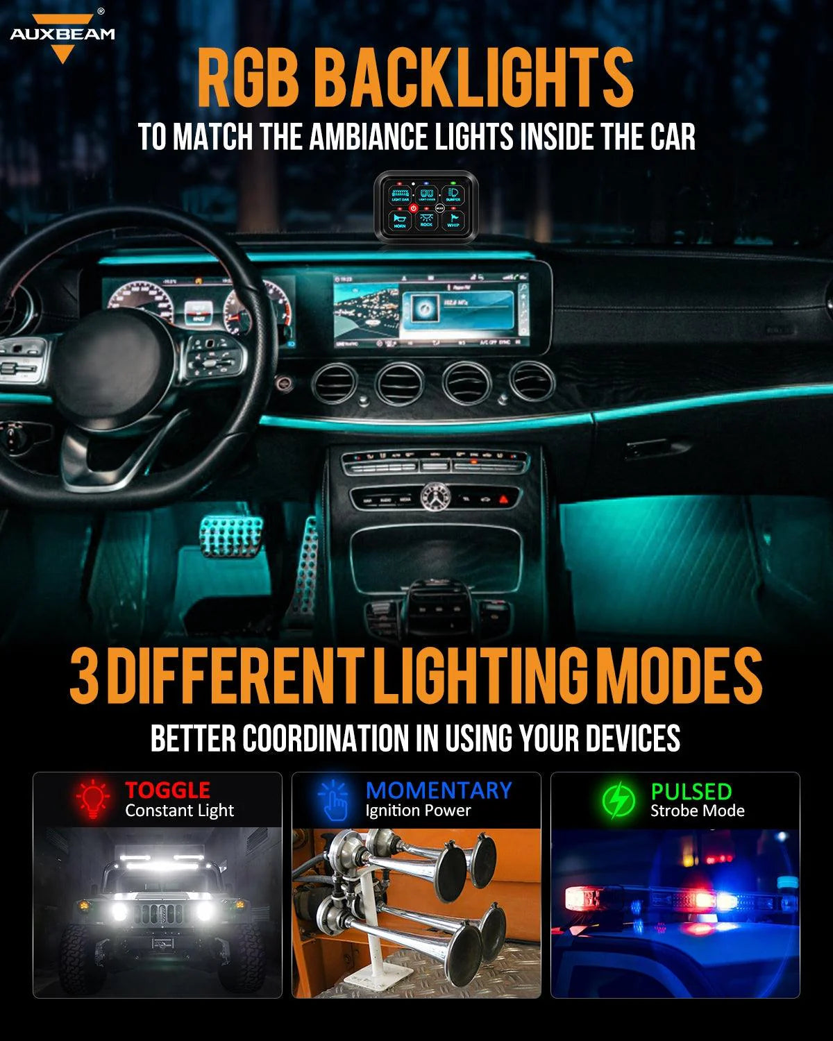 Panel de interruptores RGB RA60, compatible con modo de conmutación, momentáneo y pulsado (toma de corriente unilateral)