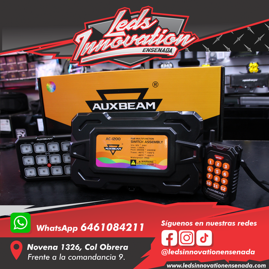 AUXBEAM Panel de interruptores RGB de 12 vías serie AC (AC-1200) con aplicación y control remoto; compatible con modos de conmutación de palanca, momentánea y por pulsos (salida unilateral).