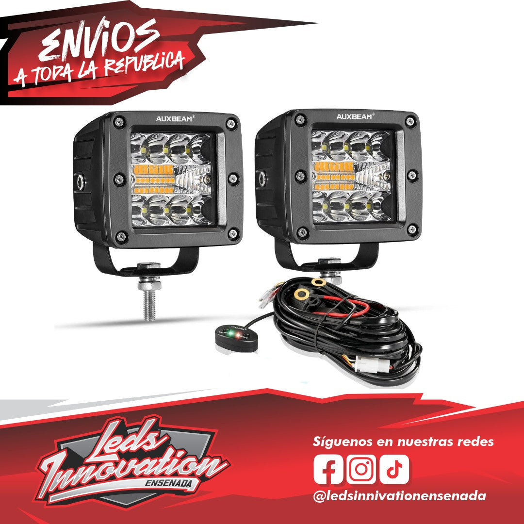 (2 piezas/juego) Luces LED cuadradas de 3 pulgadas, 6 modos, blancas y ámbar, con arnés de cableado para SUV, ATV, UTV, camiones, camionetas y barcos
