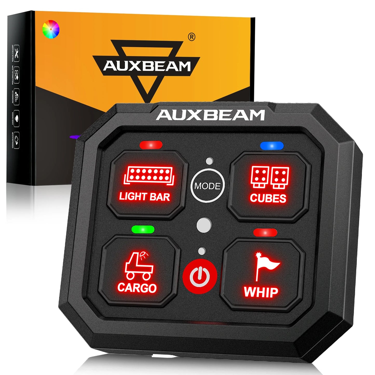 AUXBEAM RGB Series 4 Gang (RA40) Switch Panel, Toggle/ Momentary/ Pulsed Mode Supported (One-Sided Outlet)